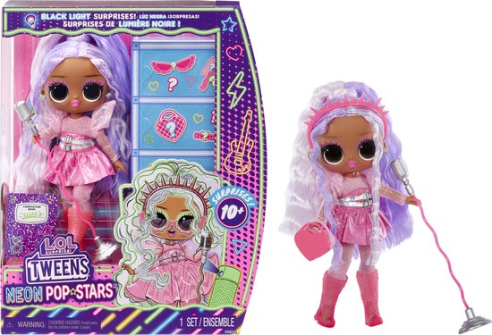 L.O.L. Surprise! poppen in verpakking. Eén pop met lang golvend paars haar, roze glitterjurk en microfoon.
