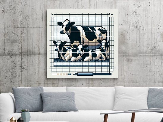 Pixel art koeien schilderij | Koeienpracht in digitaal jasje: pixelart verbeeldt boerderij-idylle | Kunst - 30x30 centimeter op Canvas | Foto op Canvas