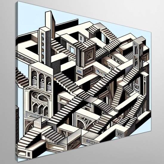 Modern escher schilderij | Virtueel labyrint: hedendaagse interpretatie van Escher's meesterwerk in moderniteit | Kunst - 30x30 centimeter op Canvas | Foto op Canvas