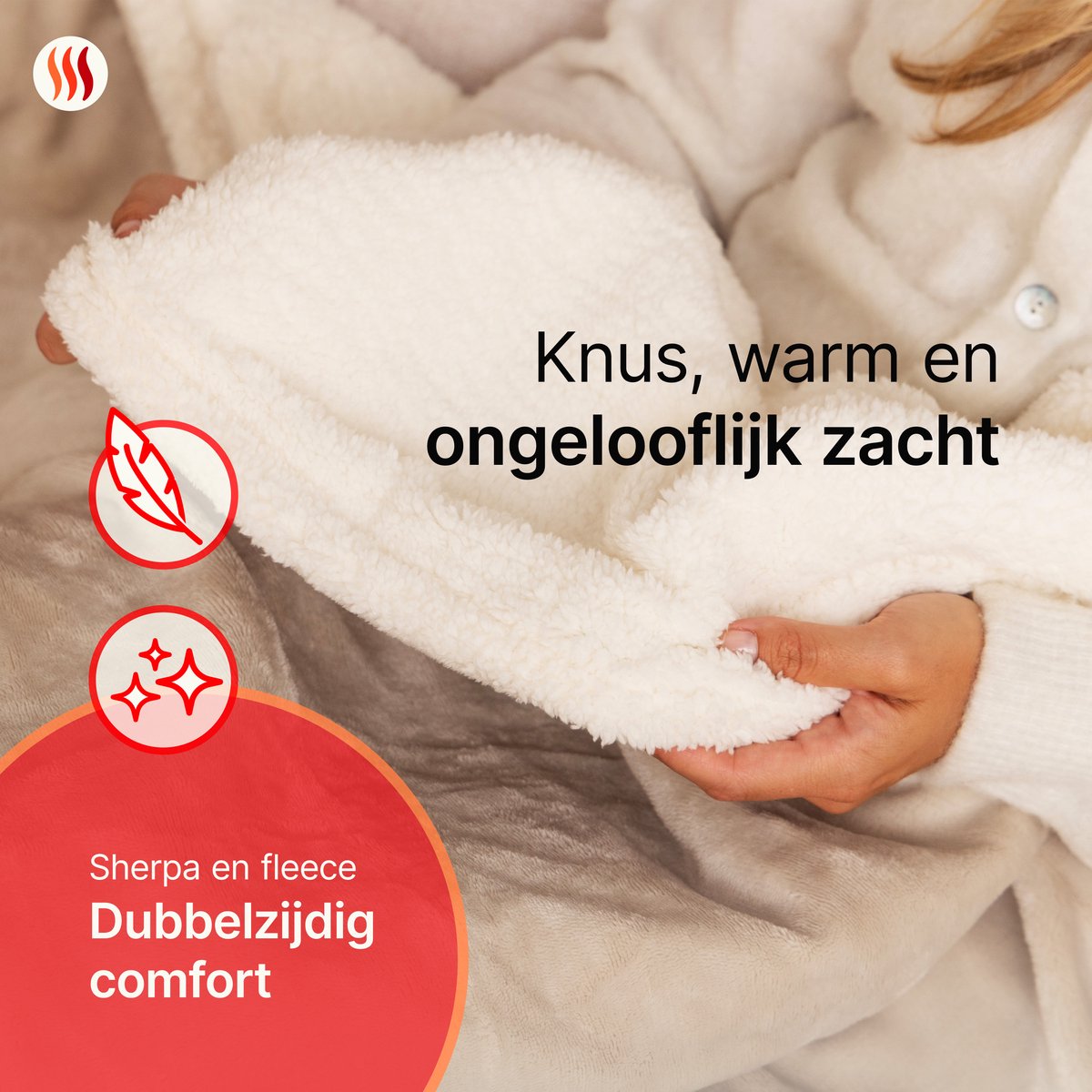 Afbeelding 2 van Seranova Elektrische Deken - Extra Warmtedraden - Premium Model - 160x120 cm - 1 persoons Warmtedeken - Dubbelzijdig Fleece Sherpa - Crème beige