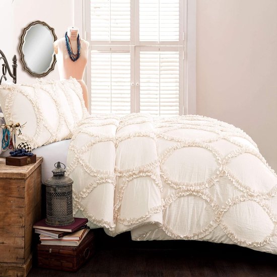 Herside Dekbedovertrek met ruches, tweepersoons boho beddengoed, 2 lagen, beige wit ruches ontwerp shabby chic beddengoed sets 1 dekbedovertrek 2 kussenslopen (wit-beige grijs, tweepersoons
