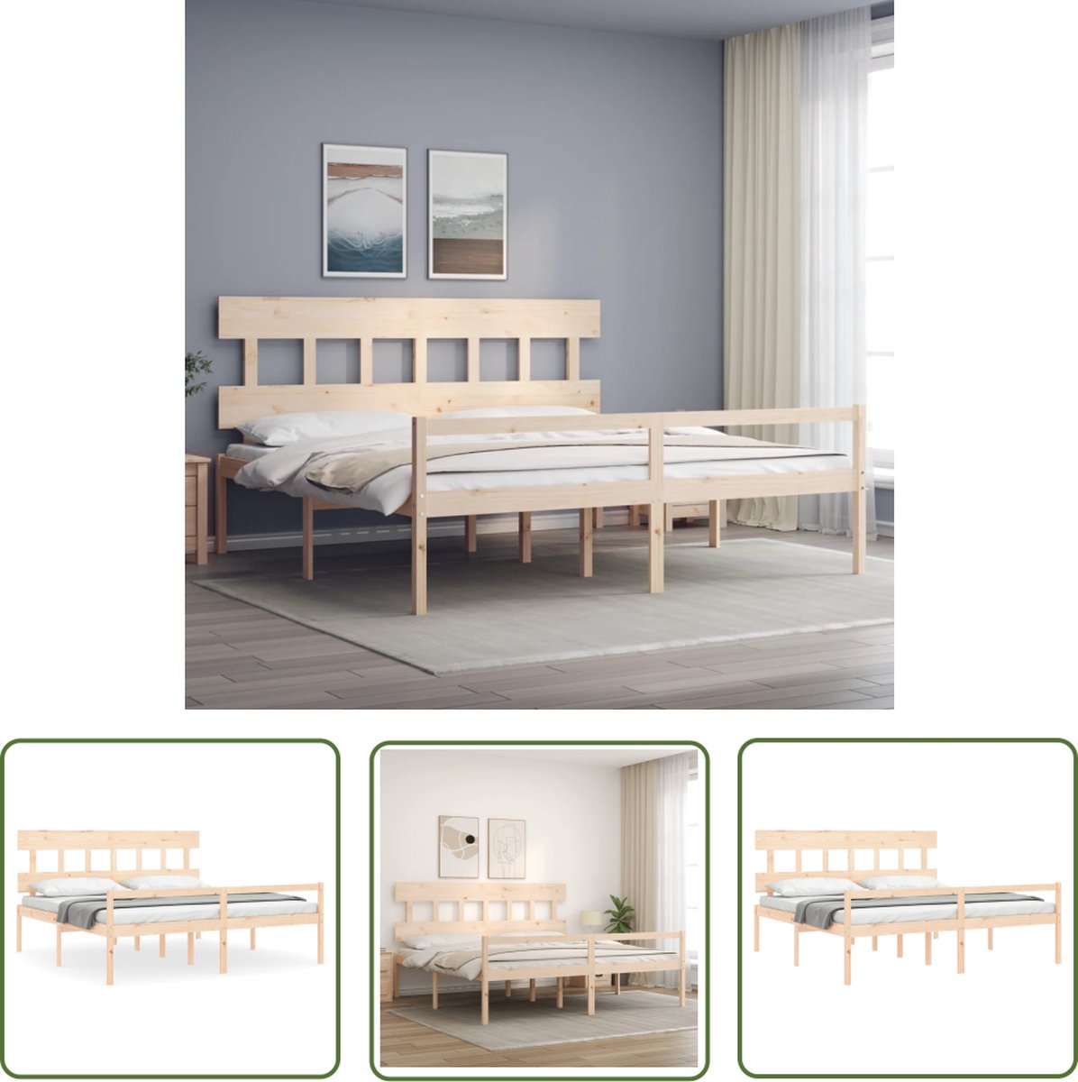 The Living Store Bed Grenenhout Massief - Dubbel - 205.5 x 205.5 x 81 cm - Multiplex lattenbodem