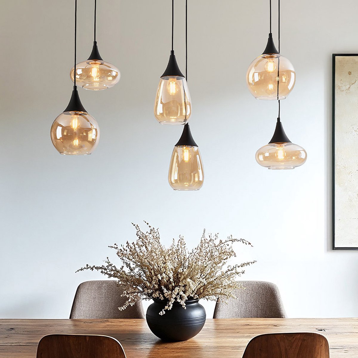 LumenXL Zwarte hanglamp Loic - amber glas, 6-lichts