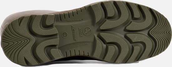 Donkergroene rubberen zool met grof profiel en Aigle-logo.