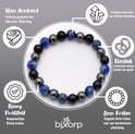 Overzicht van een 8mm armband met lapis lazuli, onyx en hematiet kralen, met uitleg over kwaliteit en elasticiteit.