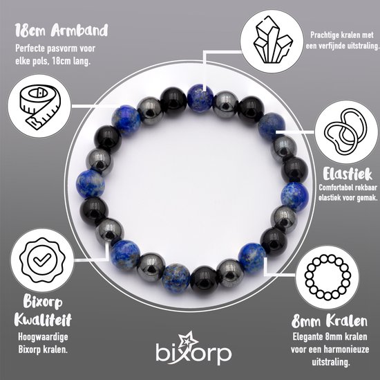 Overzicht van een 8mm armband met lapis lazuli, onyx en hematiet kralen, met uitleg over kwaliteit en elasticiteit.