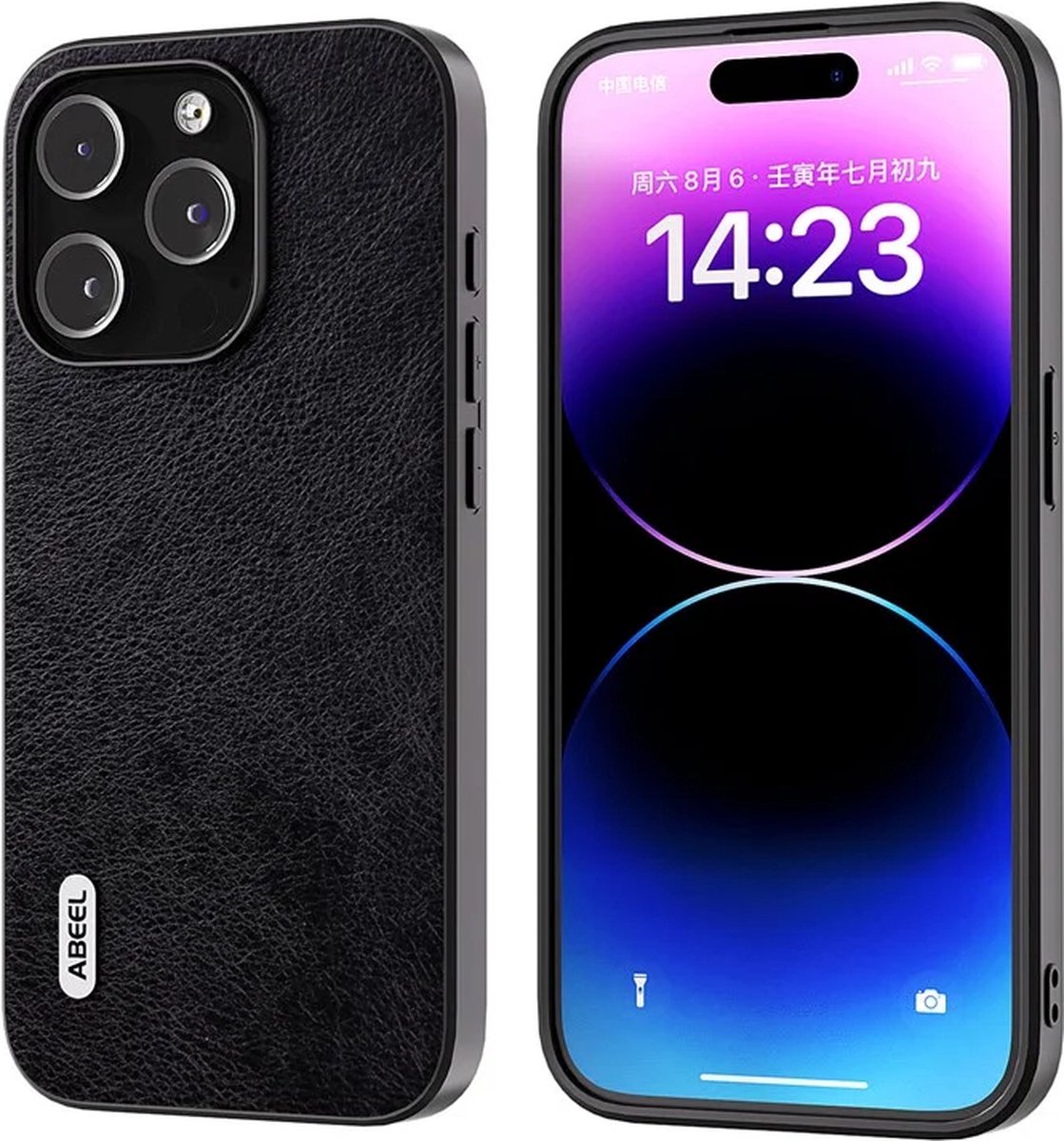ABEEL – iPhone 15 Pro Max – Backcover hoesjes - Cowhide Leather - TPU - Litchi - Anti-Scratch - Zwart