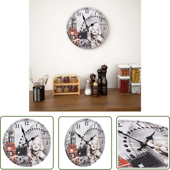vidaXL Houten Wandklok - Retro Wandklok - Wandklok vintage stijl Marilyn Monroe 30 cm - Mdf Wandklok - Multikleurige Wandklok - Ronde Wandklok
