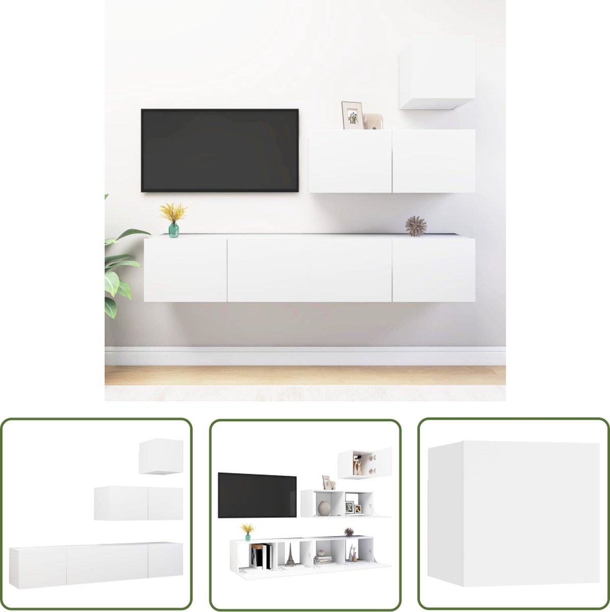 The Living Store Televisiemeubelset Modern - Spaanplaat - Hangend - Veel opbergruimte - Wit - 30.5x30x30cm - 80x30x30cm
