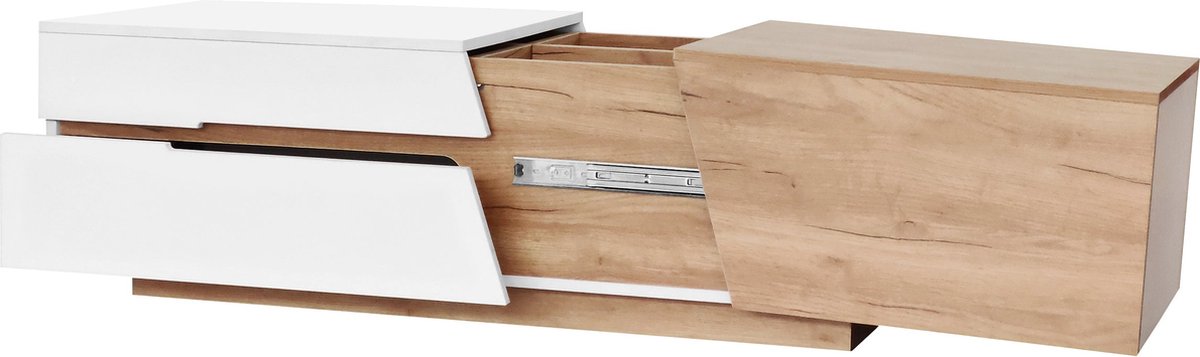 Merax Uitschuifbare Salontafel met Lade en Kleurblokstructuur – Moderne Bijzettafel met Veel Opbergruimte - Wit met Hout Bruin