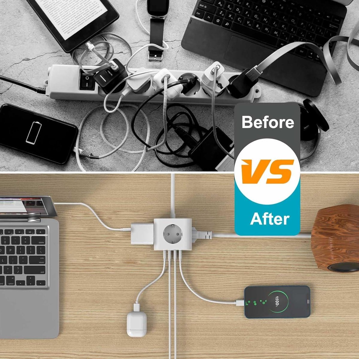 Stekkerkubus met kabel, 7-in-1 kubus, meervoudig stopcontact met USB C