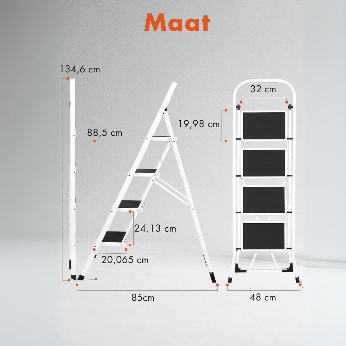 Huishoudtrap 4 Treden - Keukentrapje Basic Inklapbaar Met Handgreep – Keukentrap Anti-slip – Trapladder - Opstapje – Vouwladder Belastbaar tot 150 kg – Ladders – Keukentrap - Wit – foto 4