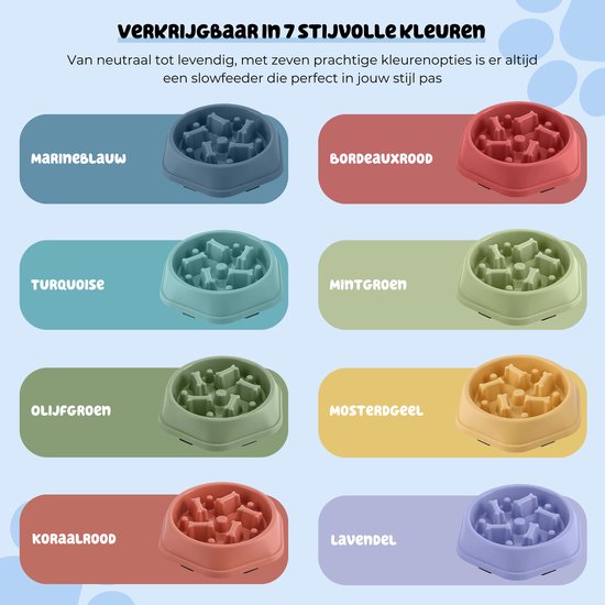 Zeven kleuren slowfeeder voerbakken: marineblauw, bordeauxrood, turquoise, mintgroen, olijfgroen, mosterdgeel, koraalrood en lavendel.