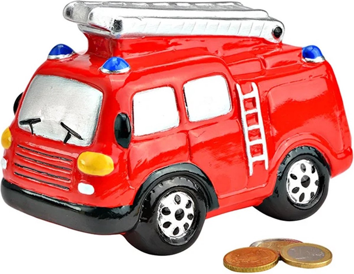 Wurm Spaarpot brandweerauto - keramiek - rood - 16 x 12 x 8 cm - sparen - kleingeld - kinderen