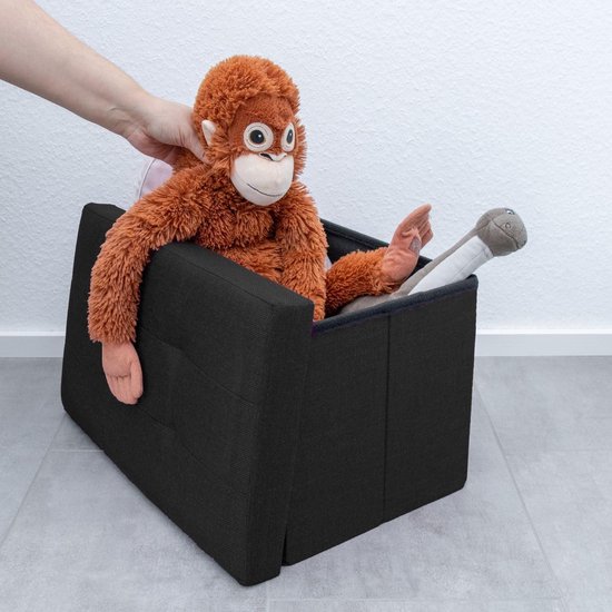 Intirilife Opvouwbare bank 49x30x30 cm in zwart - Zitkubus met deksel en opbergruimte van stof met holtes - Zitkubus voetensteun opvouwbare opbergkist zitkruk