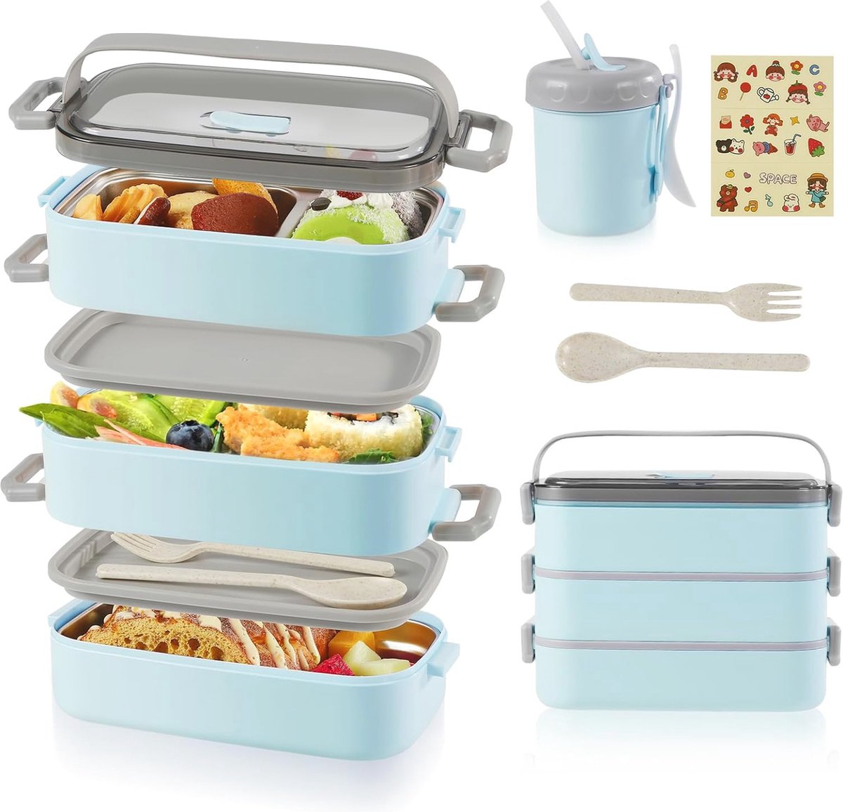 Goedkoopste Bento Box 3-laags met Soepbeker en Bestek - Capaciteit 2400 ml, Lekvrije Lunchbox voor Volwassenen en Kinderen