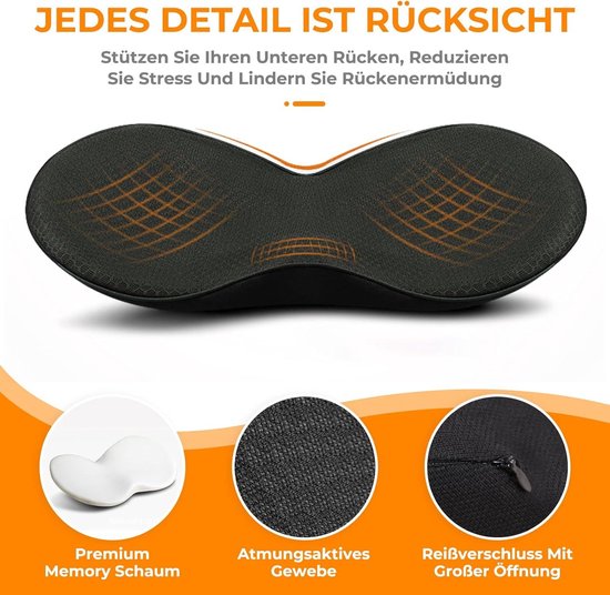 Onderkant van het zwarte ergonomische kussen met textuur. Details: traagschuim, ademend weefsel, rits.