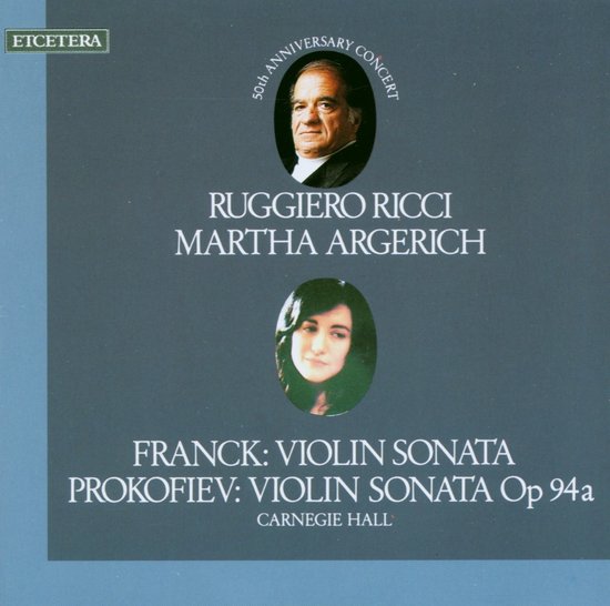 Boek met foto's van Ruggiero Ricci en Martha Argerich, 50e verjaardagsconcert, Franck: Vioolsonate, Prokofiev: Vioolsonate Op 94a, Carnegie Hall.