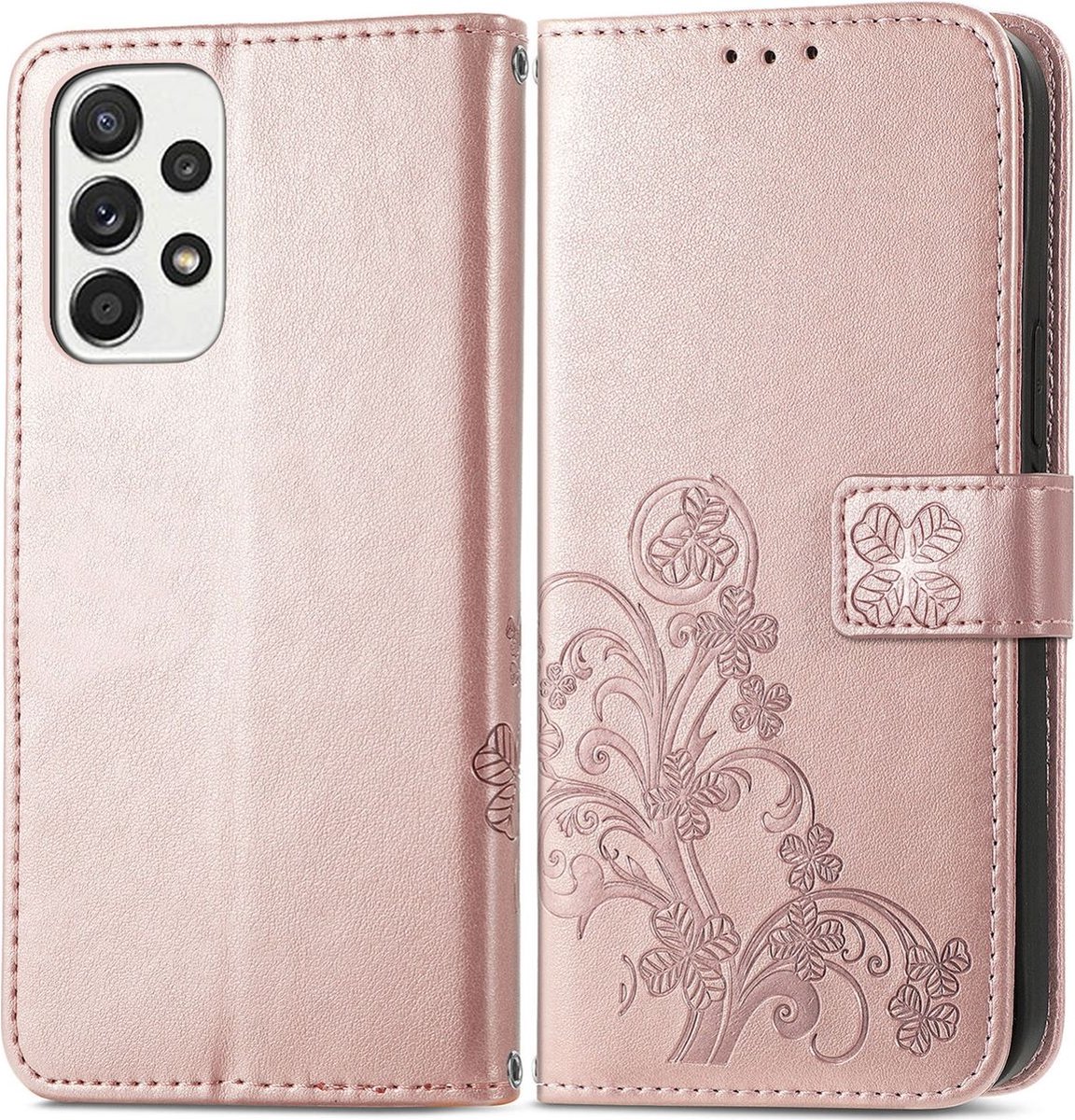 Mobigear Telefoonhoesje geschikt voor Samsung Galaxy A73 Hoesje | Mobigear Clover Bookcase Portemonnee | Pasjeshouder voor 3 Pasjes | Telefoonhoesje voor Pinpas / OV Kaart / Rijbewijs - Roségoud