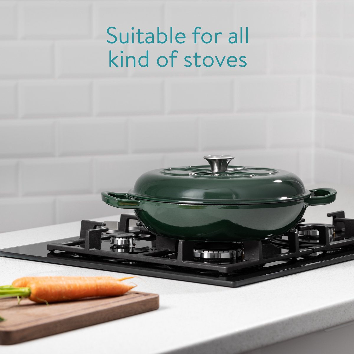 Navaris gietijzeren pan 20 cm - Gietijzeren braadpan met deksel - Dutch Oven 2,8 L - Geschikt voor inductie, gas en keramisch koken - Groen