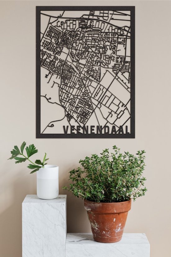 Plan de Ville en Bois Veenendaal Zwart Mdf 50x70cm Décoration murale pour City Shapes à Suspendre