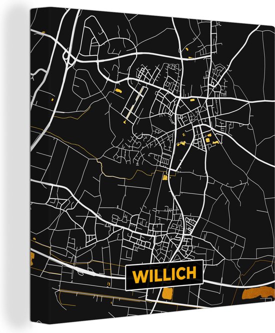 Canvas Schilderij Black and Gold – Stadskaart – Willich – Duitsland – Plattegrond – Kaart - 90x90 cm - Wanddecoratie