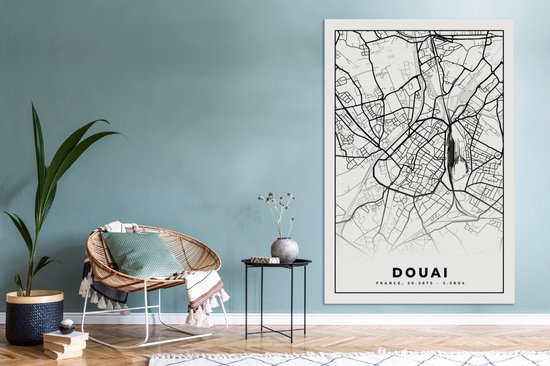 Impression sur Toile Carte - Carte - France - Plan de Ville - Douai - Zwart et Blanc - 120x180 cm - Décoration murale XXL