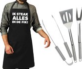 Ensemble d'outils pour BBQ/ barbecue 3 pièces en acier inoxydable - Avec tablier de BBQ noir, j'ai tout mis le feu ! - Cadeau Vaderdag
