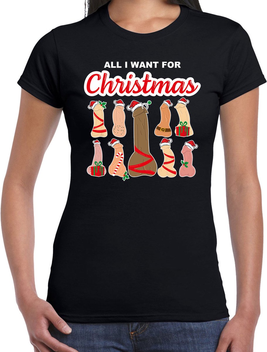 Afbeelding van product Bellatio Decorations  All I want for Christmas / piemels fout Kerst t-shirt - zwart - dames - Kerst t-shirt / Kerst outfit M  - maat M
