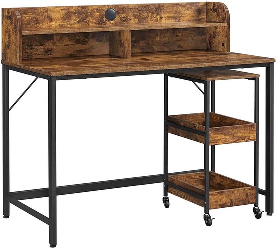VASAGLE Bureau Gaming, avec Tiroirs en Tissu, Table Informatique avec Support d'Écran, Lumières LED, 55 x 120 x 90 cm, Multiprise, 2 Ports USB, pour Bureau à Domicile, Marron Rustique LWD093K01