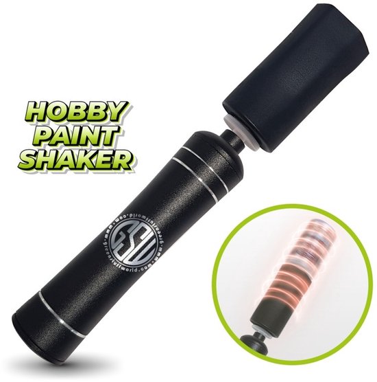 Zwarte "Hobby Paint Shaker" met zilveren accenten. Close-up toont trillende verfcontainer met rode gloed.