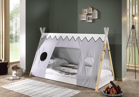 Vipack Tipibed 90 x 200 hoog met bedtent - wit/dennenhout | Leen Bakker Vipack Tipibed 90 x 200 hoog met bedtent - wit/dennenhout | Leen Bakker