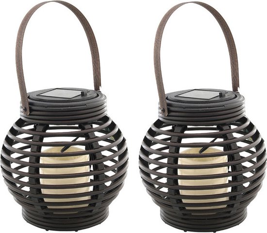 Set van 2x stuks buiten/tuin zwarte rotan lampionnen/hanglantaarns 16 cm solar buiten tuinverlichting