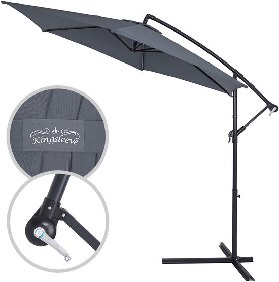 Donkergrijze zweefparasol met Kingsleeve logo, close-up van de slinger mechaniek.