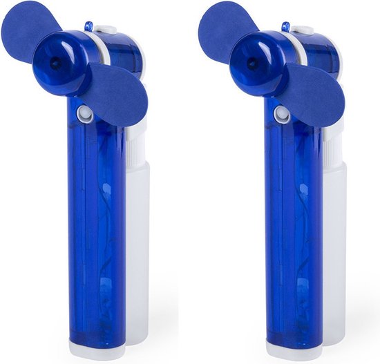 Blauwe mini handventilator set 2x met waterverdamper 35 ml, draagbaar, batterij 2x AA, 16×8 cm