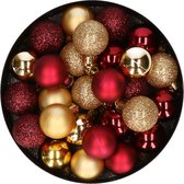 28x pcs boules de Noël en plastique or et rouge foncé mix 3 cm - Décorations pour sapins de Noël