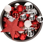 33x stuks kunststof kerstballen met piek 5-6-8 cm rood/wit/zilver incl. haakjes - Kerstversiering