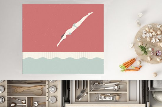 KitchenYeah® Inductie beschermer 60x52 cm - Een illustratie van een vrouw die duikt bij het zwemmen - Kookplaataccessoires - Afdekplaat voor kookplaat - Inductiebeschermer - Inductiemat - Inductieplaat mat
