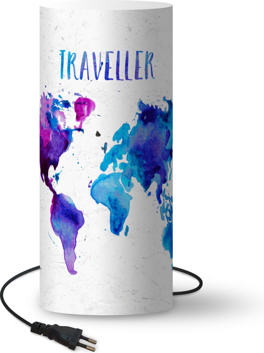 Lamp - Nachtlampje - Tafellamp slaapkamer - Kaart - Aquarelverf - Tekst - 54 cm hoog - Ø22.9 cm - Inclusief LED lamp
