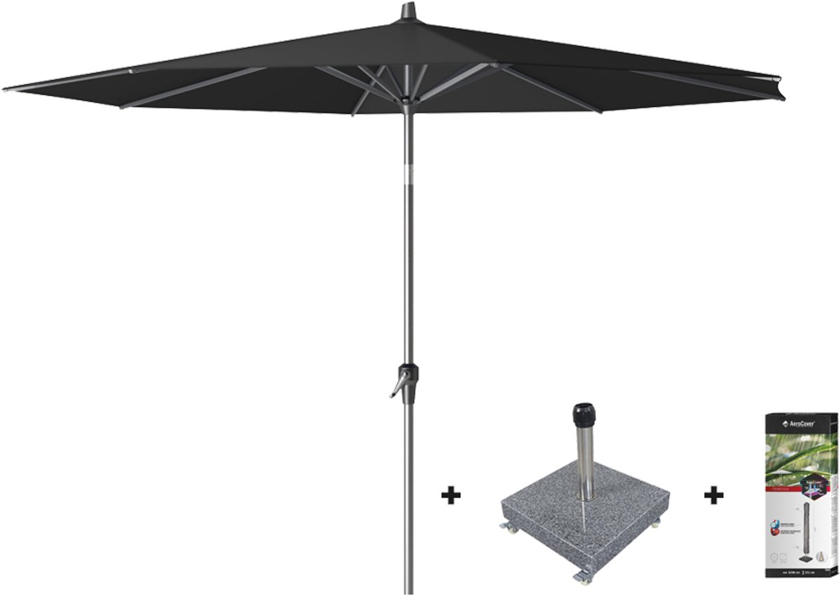Platinum Riva stokparasol 3 m. rond - black met voet en hoes