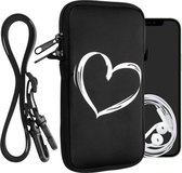 kwmobile Tasje voor smartphones XXL - 7" - Hoesje van neopreen in wit / zwart - Phone case met nekkoord - Brushed Hart design