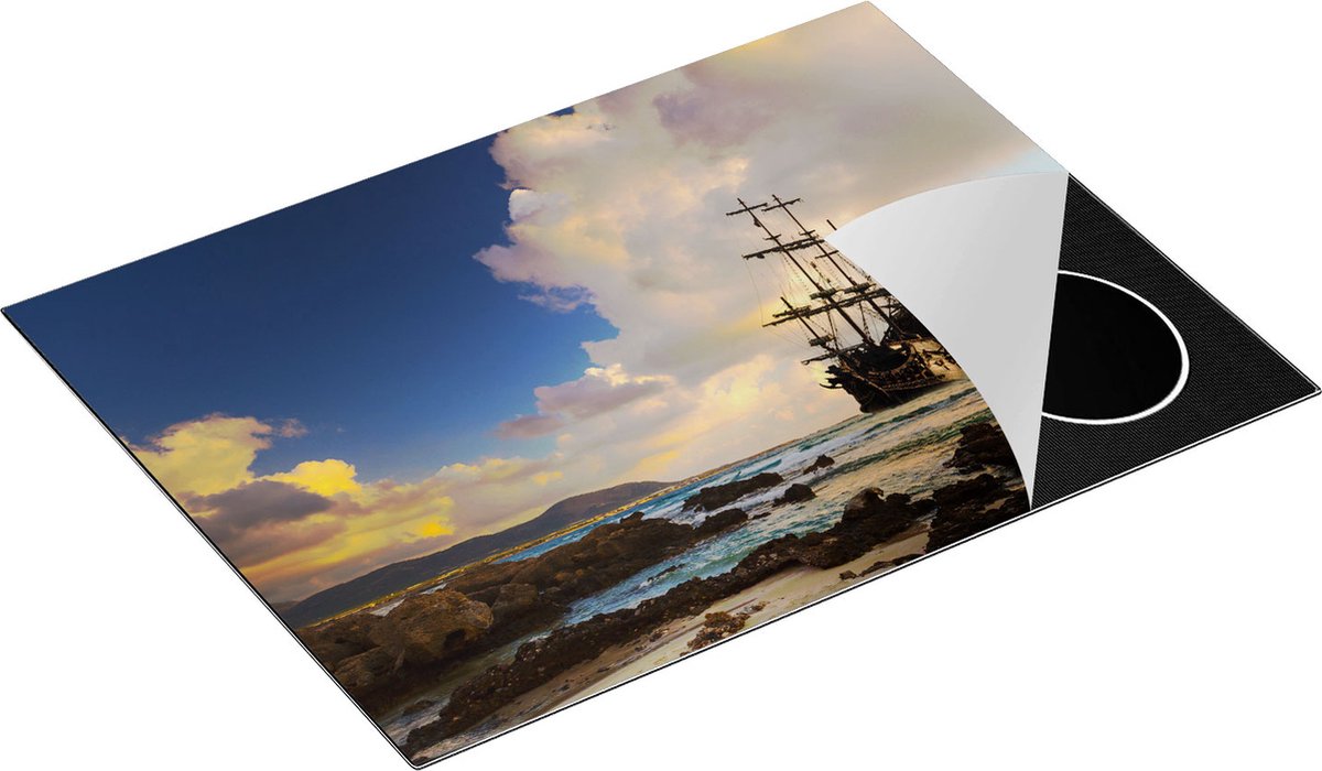 Chefcare Inductie Beschermer Piratenschip aan de Kust bij Zonsondergang - 70x50 cm - Afdekplaat Inductie - Kookplaat Beschermer - Inductie Mat