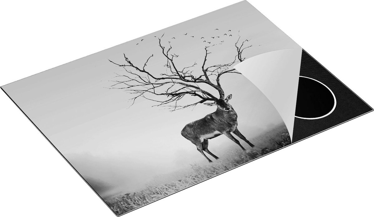 Chefcare Inductie Beschermer Hert met een Bomen Gewei - Zwart Wit - 70x50 cm - Afdekplaat Inductie - Kookplaat Beschermer - Inductie Mat