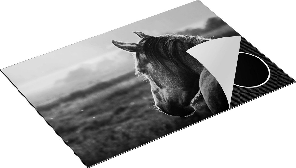 Chefcare Inductie Beschermer Paard in de Weide tijdens Zonsondergang - Zwart Wit - 77x51 cm - Afdekplaat Inductie - Kookplaat Beschermer - Inductie Mat