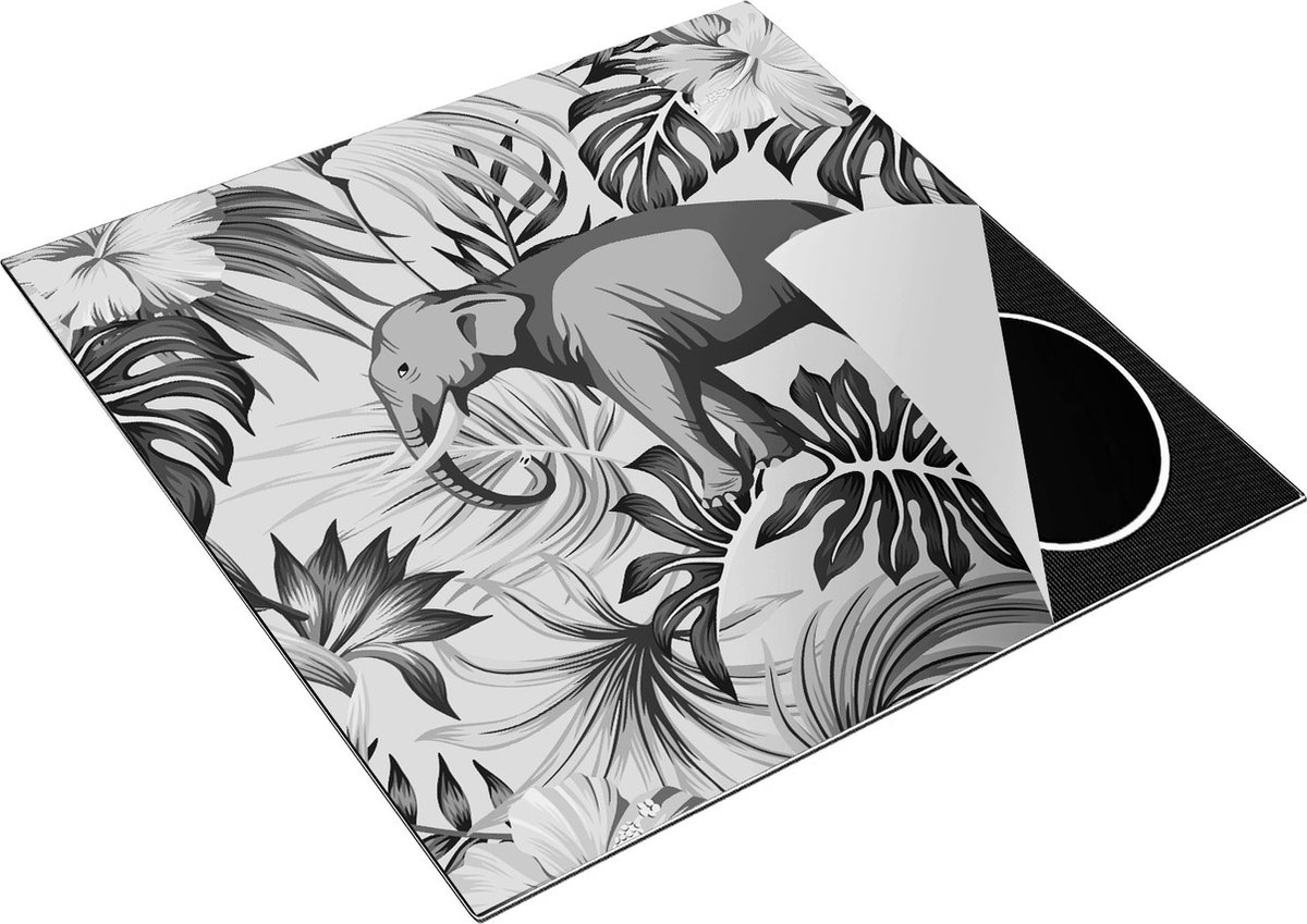 Chefcare Inductie Beschermer Tropisch Getekende Olifant - Abstract - Zwart Wit - 78x78 cm - Afdekplaat Inductie - Kookplaat Beschermer - Inductie Mat