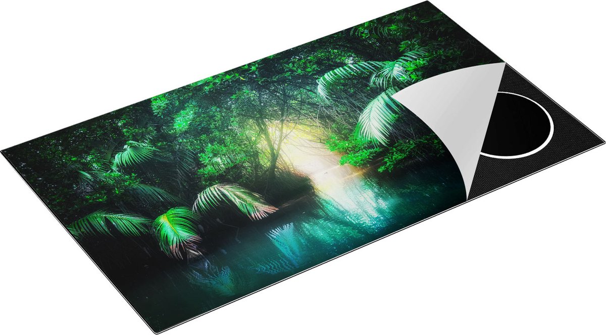 Chefcare Inductie Beschermer Tropische Jungle met een Turquoise Meer - 90x55 cm - Afdekplaat Inductie - Kookplaat Beschermer - Inductie Mat