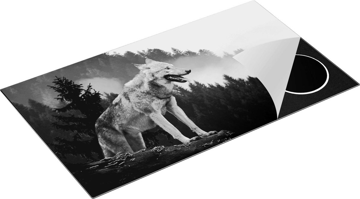 Chefcare Inductie Beschermer Grijze Wolf in de Bossen - Zwart Wit - 91,2x52 cm - Afdekplaat Inductie - Kookplaat Beschermer - Inductie Mat
