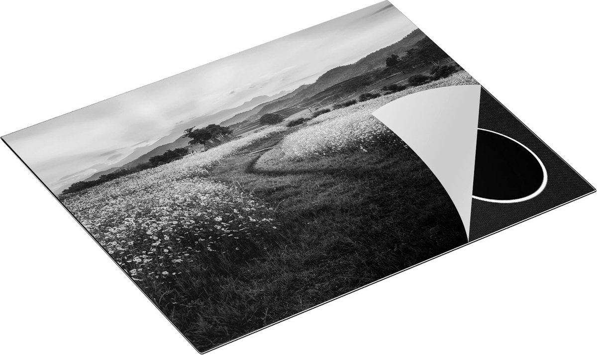 Chefcare Inductie Beschermer Kosmos Bloemenveld met een Pad - Bloemen - Zwart Wit - 65x52 cm - Afdekplaat Inductie - Kookplaat Beschermer - Inductie Mat