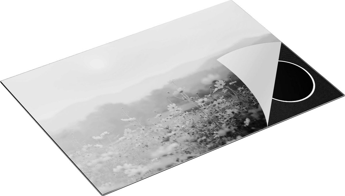 Chefcare Inductie Beschermer Bloemenveld met Kosmos - Zonsondergang - Zwart Wit - 75x55 cm - Afdekplaat Inductie - Kookplaat Beschermer - Inductie Mat