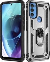 Mobigear Hoesje geschikt voor Motorola Moto G71 5G Telefoonhoesje Hardcase | Mobigear Armor Ring Backcover Shockproof met Ringhouder | Schokbestendig Moto G71 5G Telefoonhoesje | Anti Shock Proof - Zilver